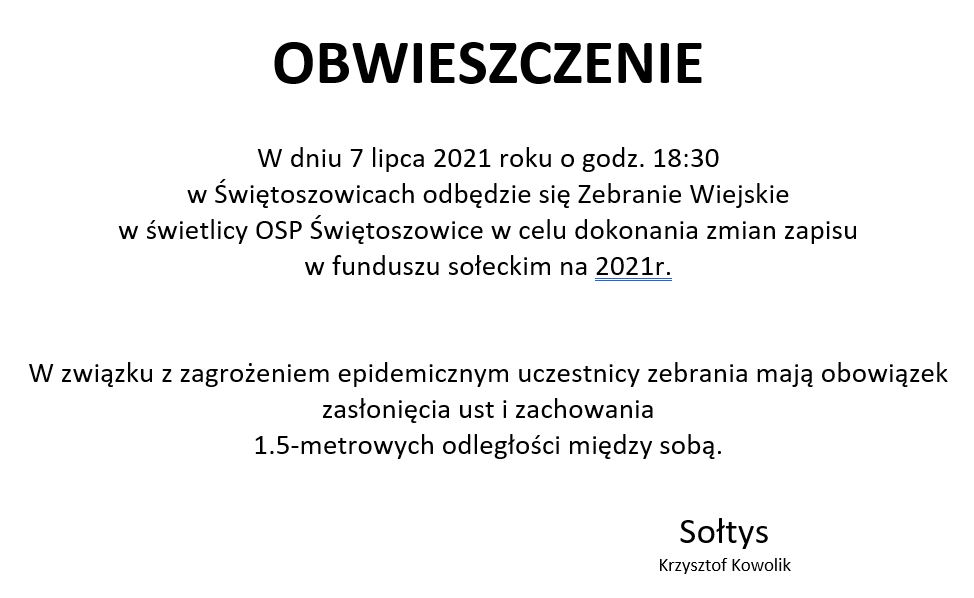Zawiadomienie o zebraniu wiejskim – czerwiec 2021
