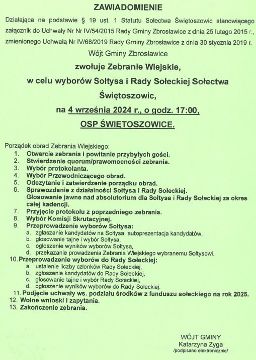 Zawiadomienie o zebraniu wiejskim – sierpień 2024