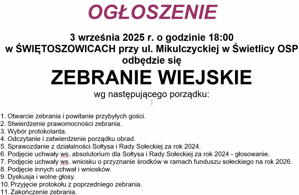 Zawiadomienie o zebraniu wiejskim – sierpień 2025