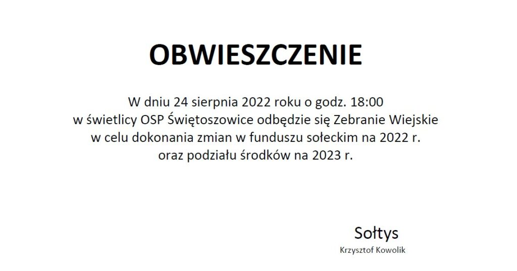 Ogłoszenie zebrania – fundusz sołecki 2022